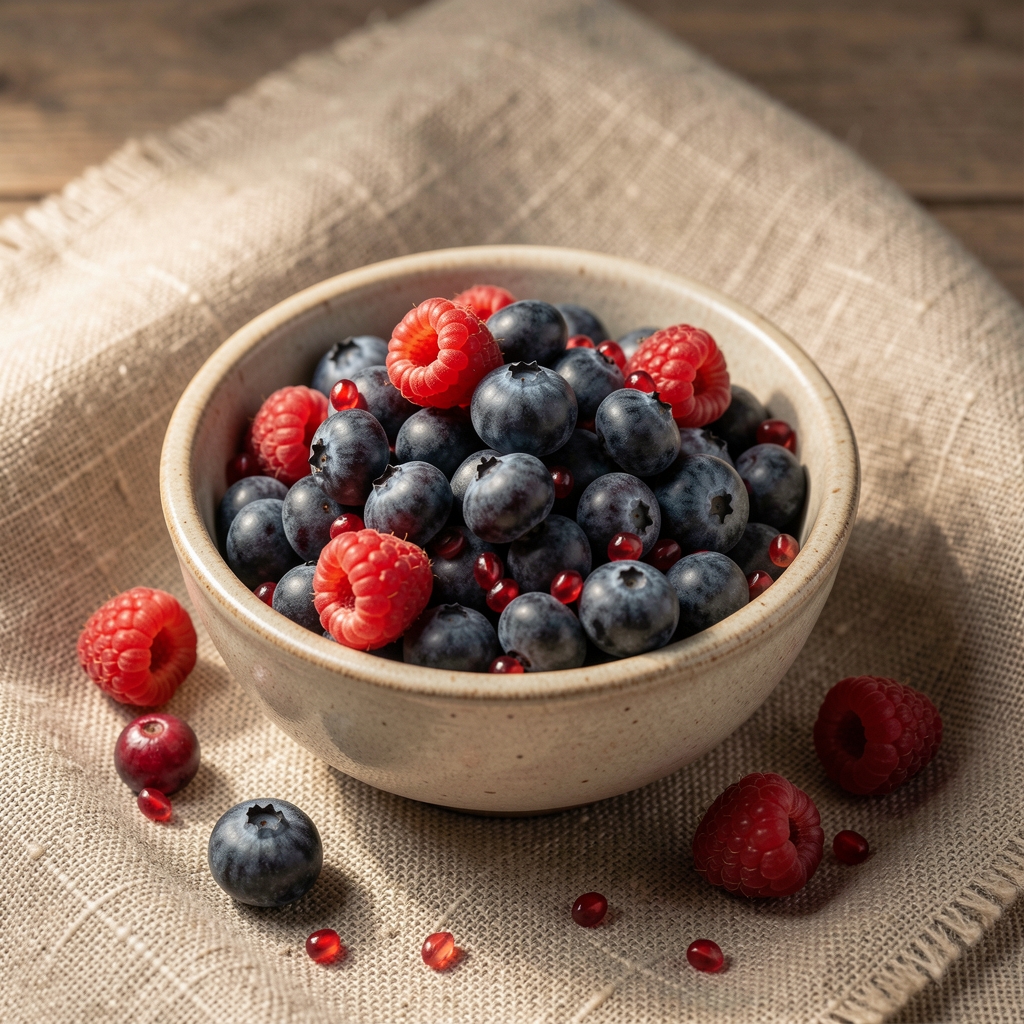 Bol en céramique rempli de myrtilles sauvages fraîches, framboises et graines de grenade sur fond de tissu de lin naturel, lumière directionnelle douce