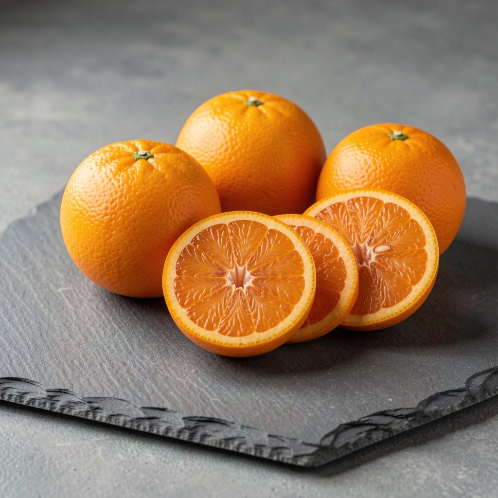 Demi-oranges fraîches et tranches de pamplemousse disposées sur une ardoise en pierre grise, éclairage naturel latéral doux