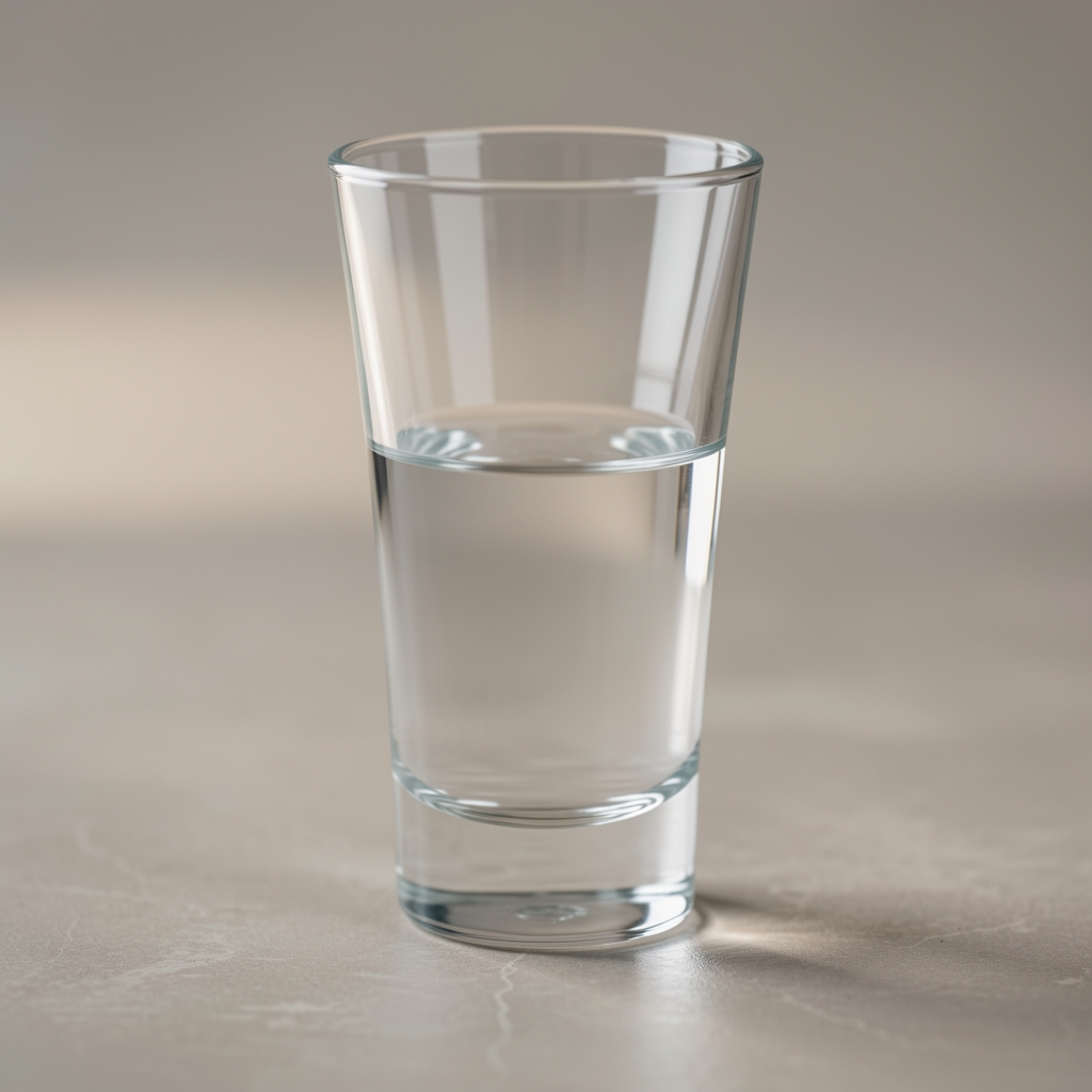 Verre d'eau cristalline avec des gouttes de condensation sur un fond gris ardoise, lumière douce et ombres profondes
