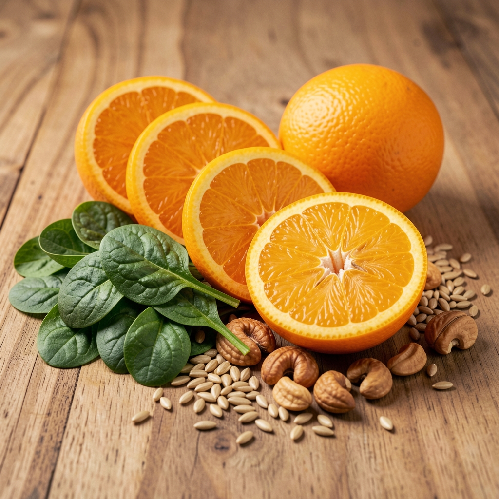 Fruits et légumes colorés riches en vitamines : oranges tranchées, épinards frais, noix et graines disposés sur une surface en bois naturel